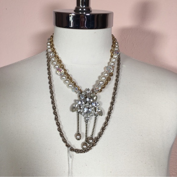 Vintage Antique Retro Gold Pearl Crystal Handmade Multi Layer Necklace upcycled - Picture 4 of 17